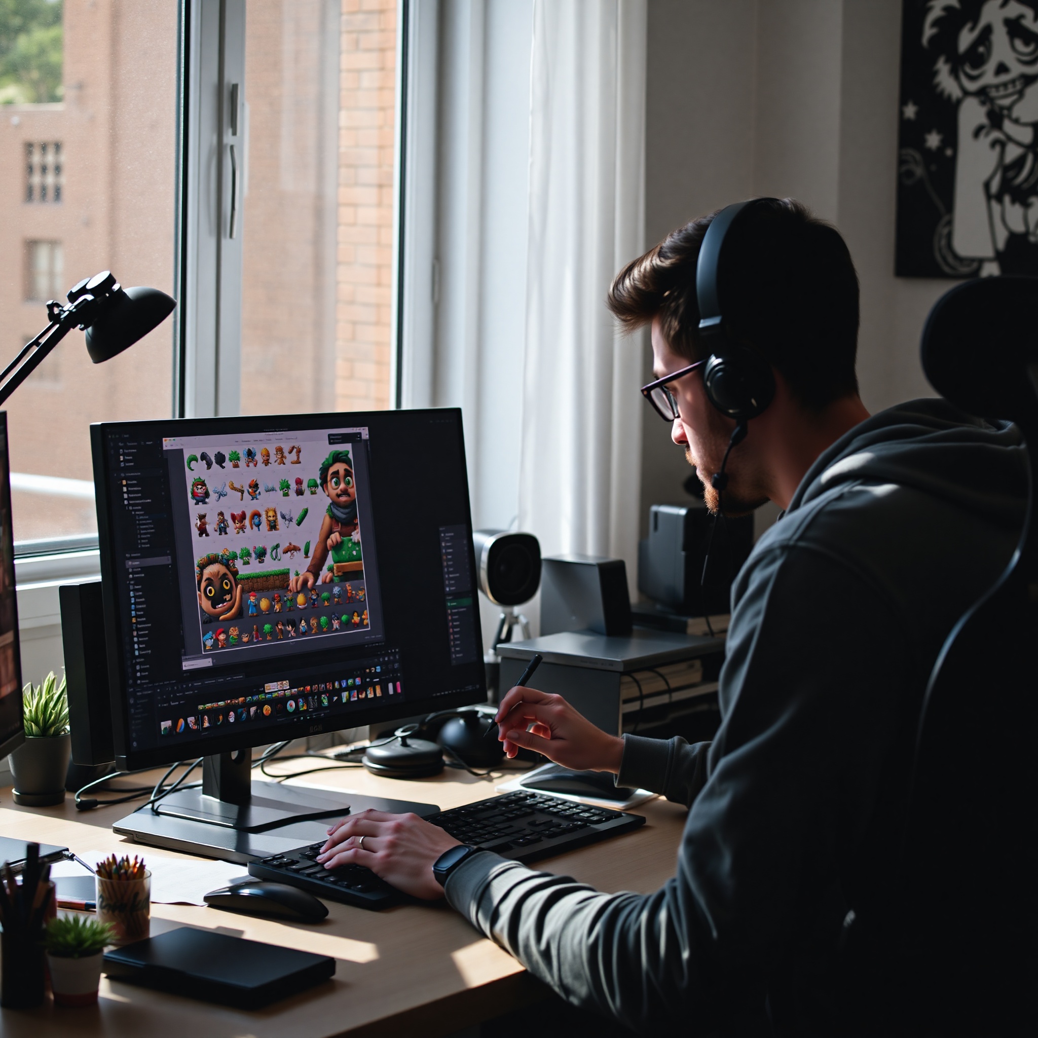 Artista creando sprites de pixel art en computadora con herramientas digitales profesionales