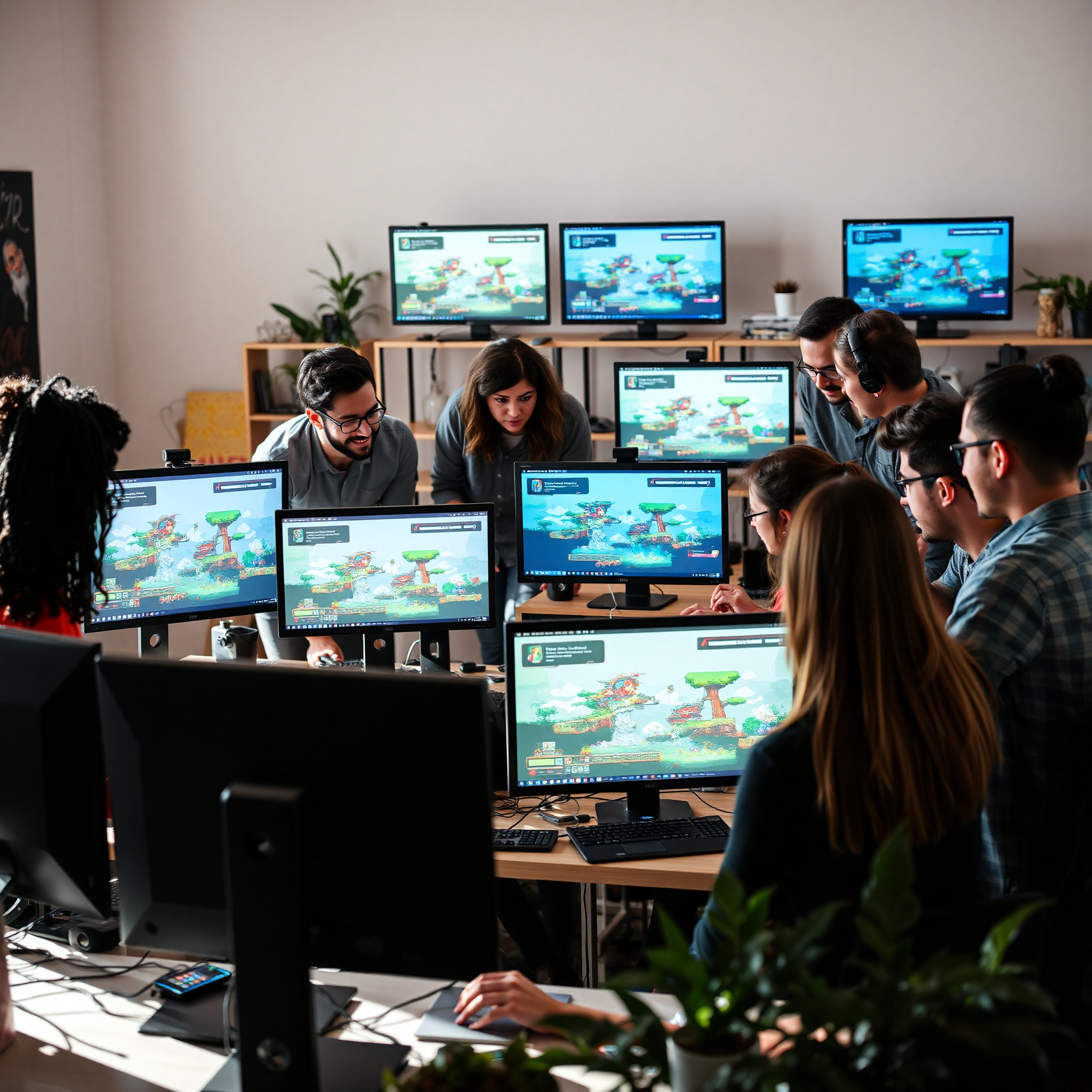 Equipo de desarrolladores españoles colaborando en proyecto de juego 2D retro