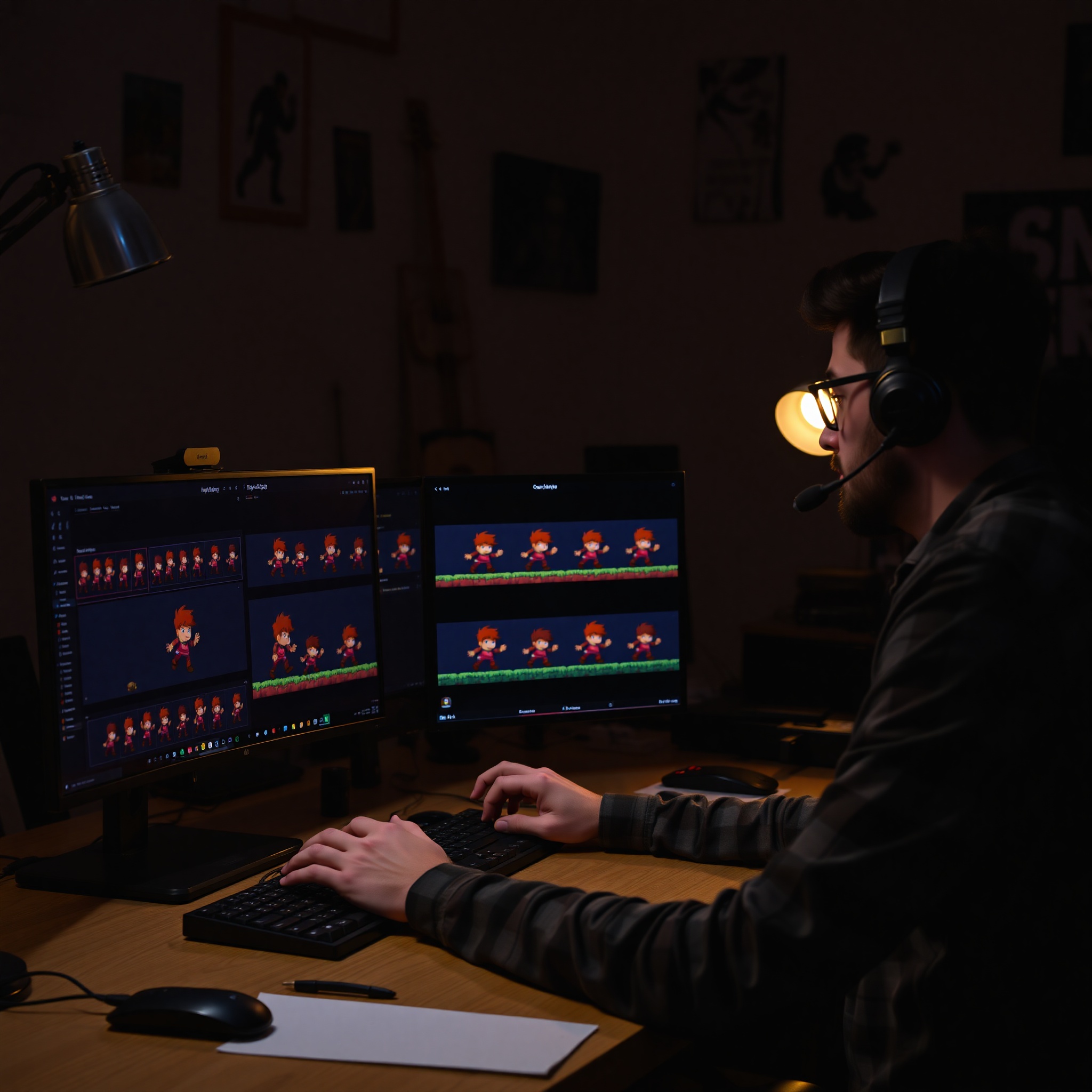 Diseñador creando animaciones de movimiento para personaje de videojuego 2D