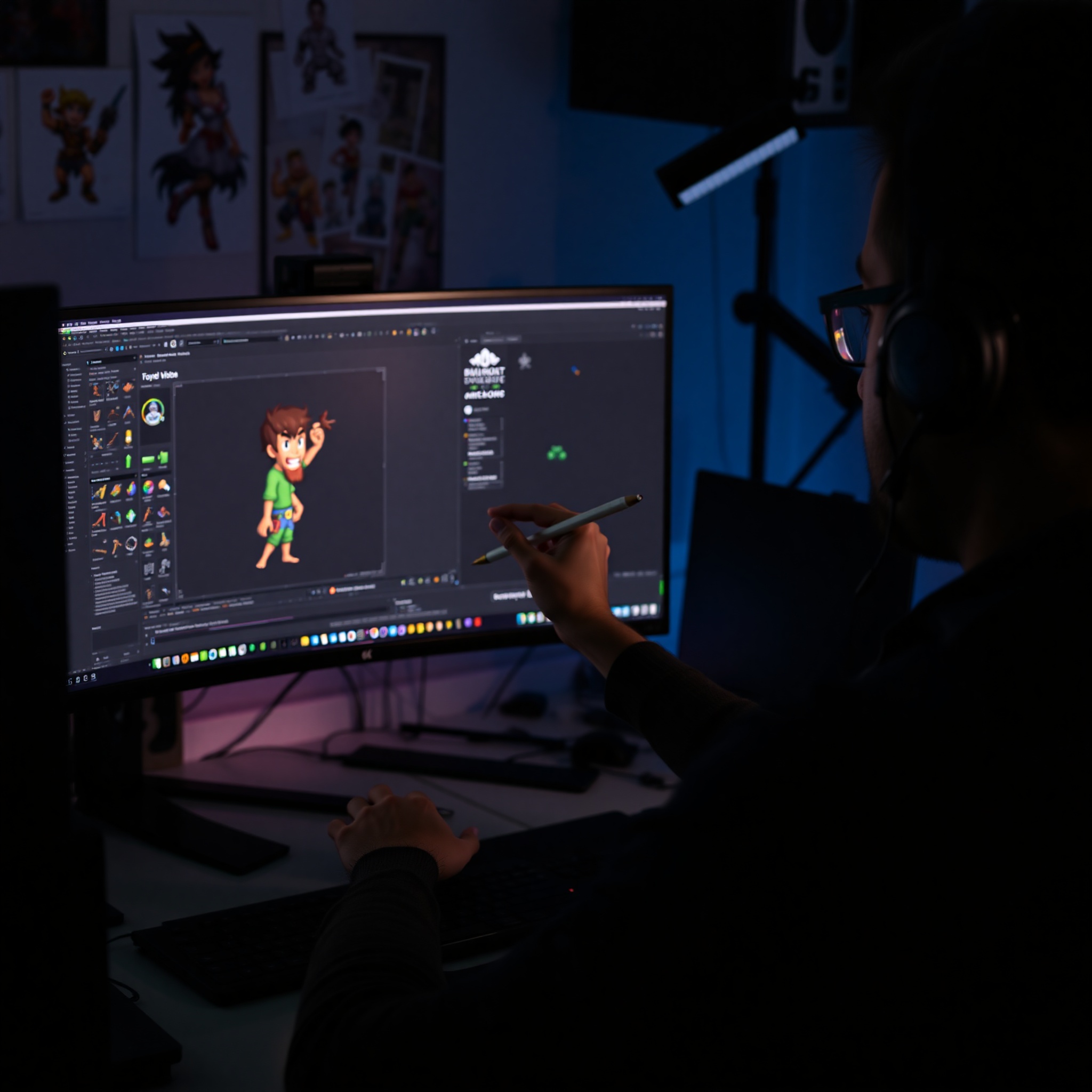 Diseñador creando animaciones de movimiento para personaje de videojuego 2D