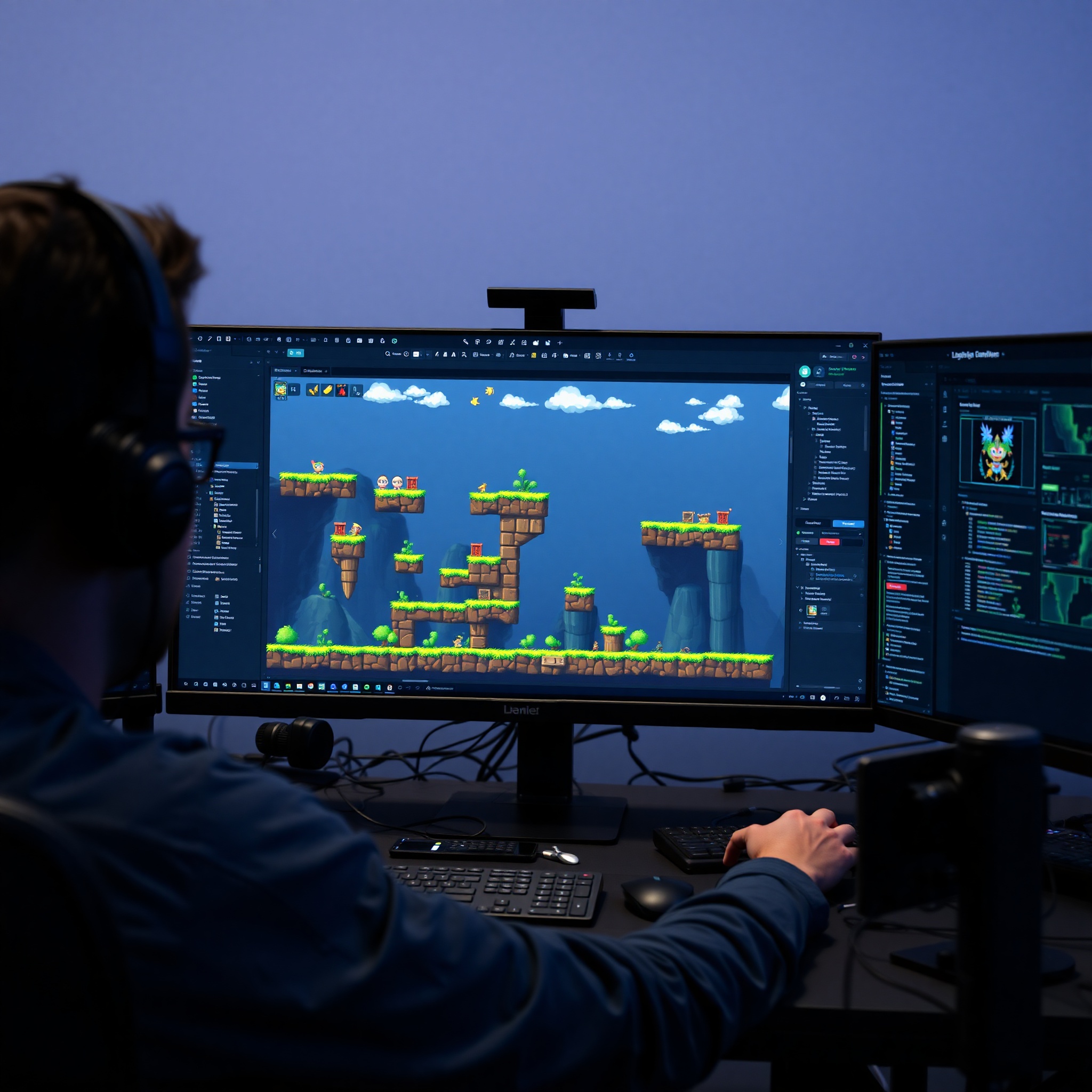 Interfaz de motor de juegos 2D con proyecto de plataformer retro en desarrollo