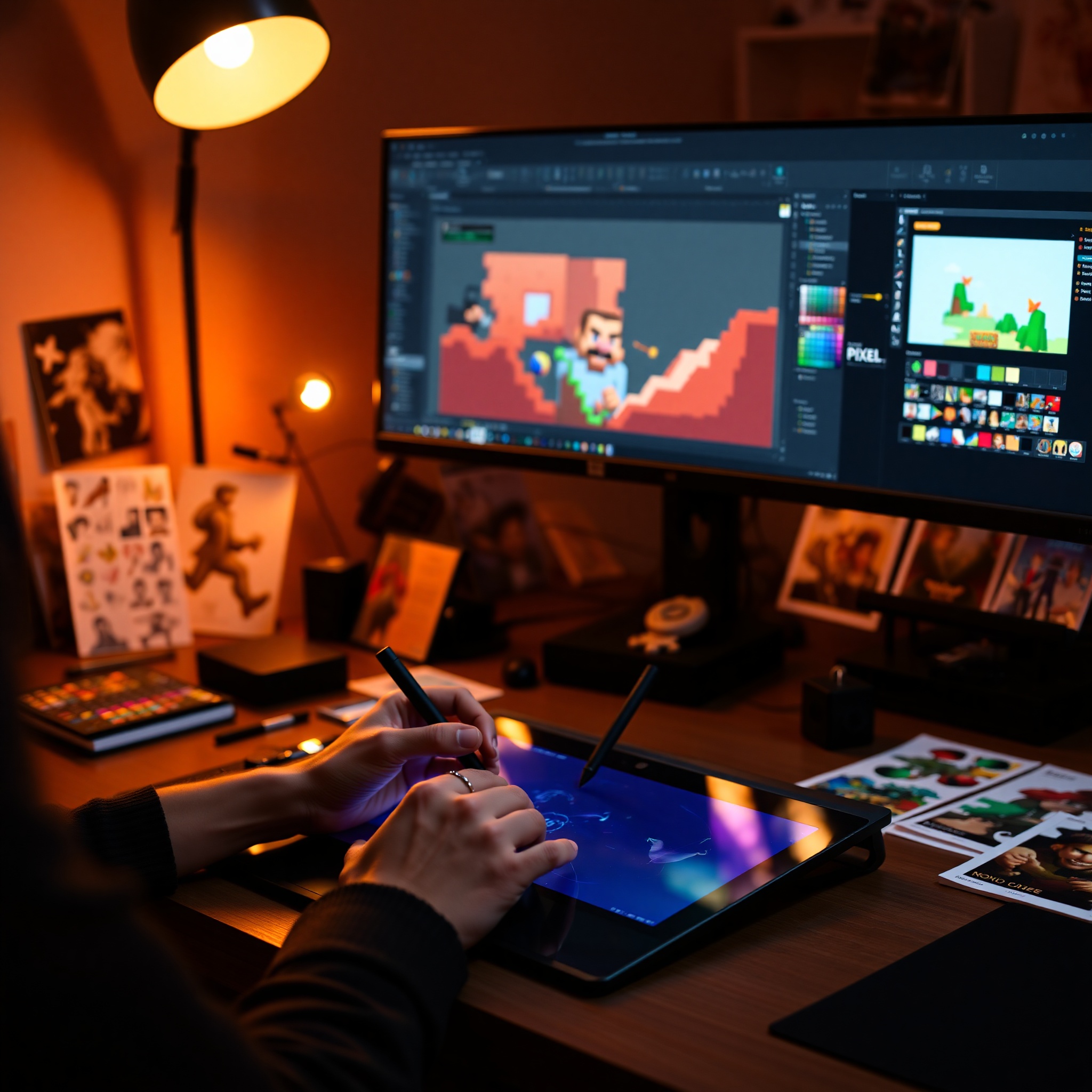 Herramientas de pixel art: tableta gráfica, software de edición en monitor, paletas de colores