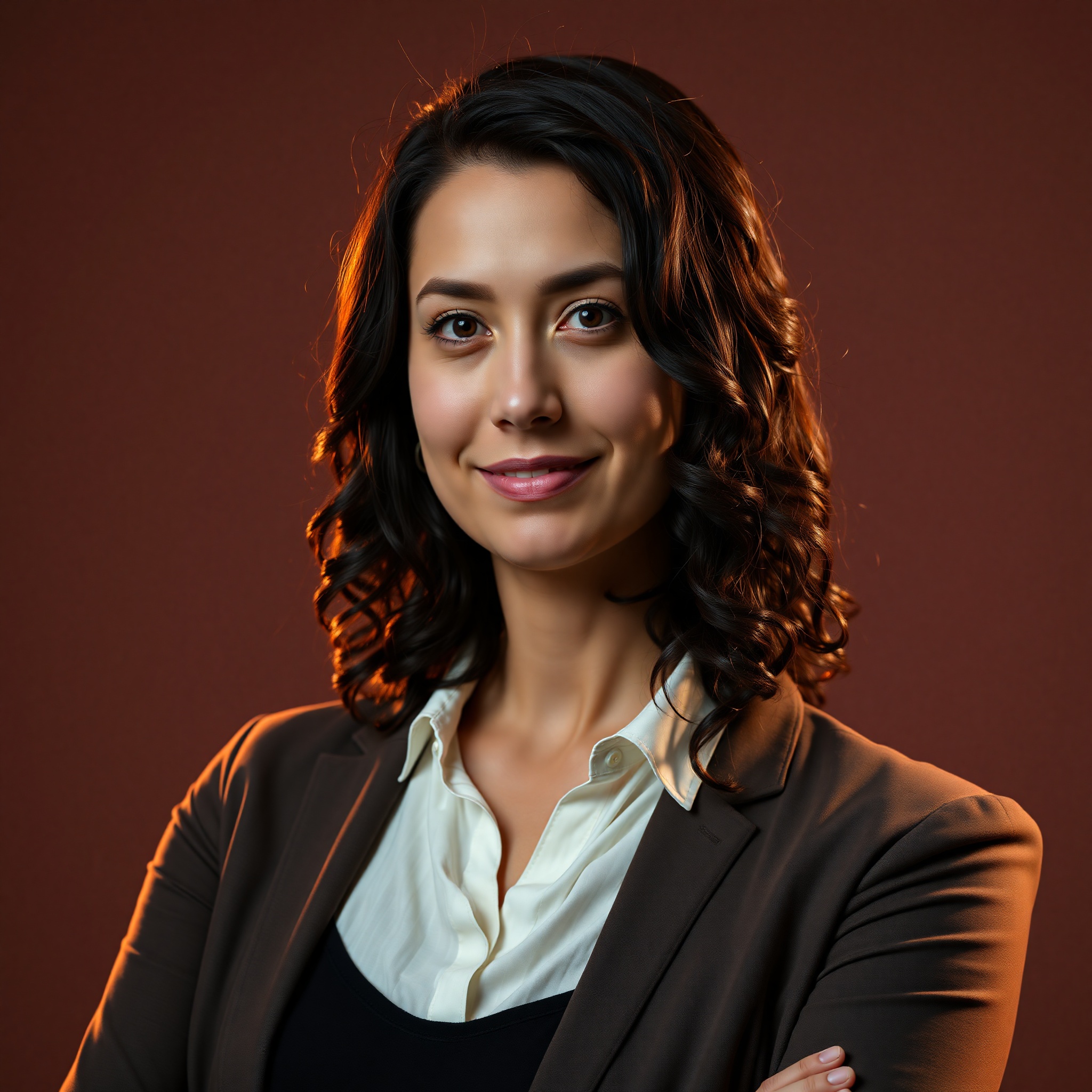 Foto profesional de María, diseñadora de juegos de 32 años con cabello castaño oscuro