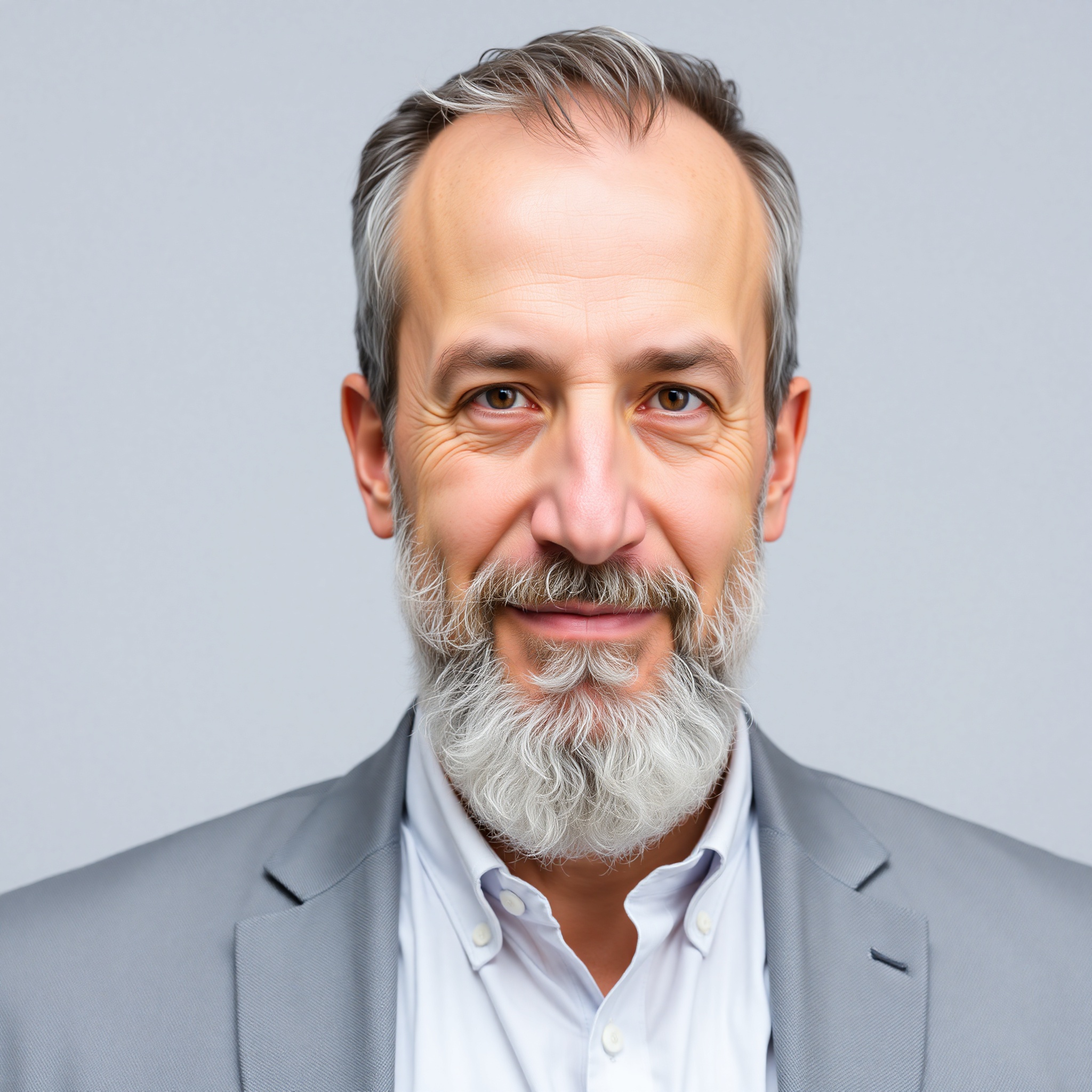 Retrato profesional de Juan, profesor de diseño gráfico de 45 años, barba gris