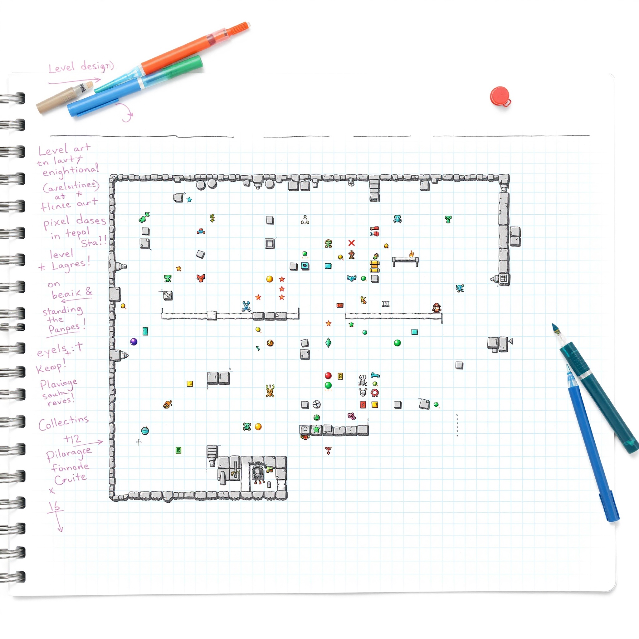 Mapa de nivel de juego 2D retro con plataformas, enemigos y objetos recolectables