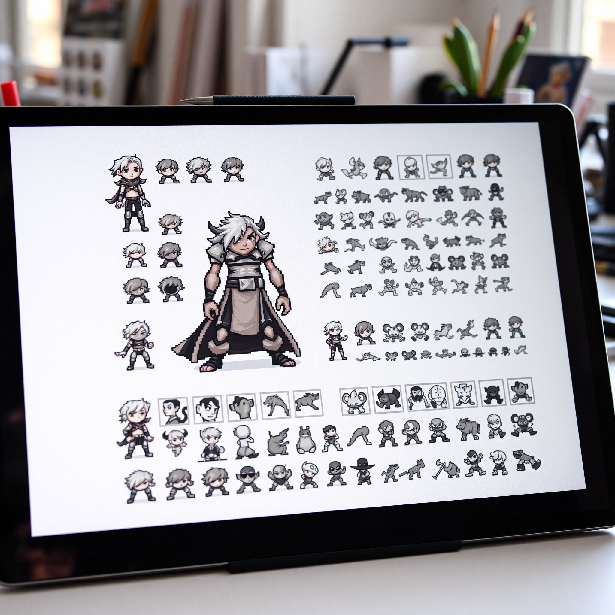 Tableta gráfica mostrando sprite de personaje pixel art profesional con detalles de sombreado