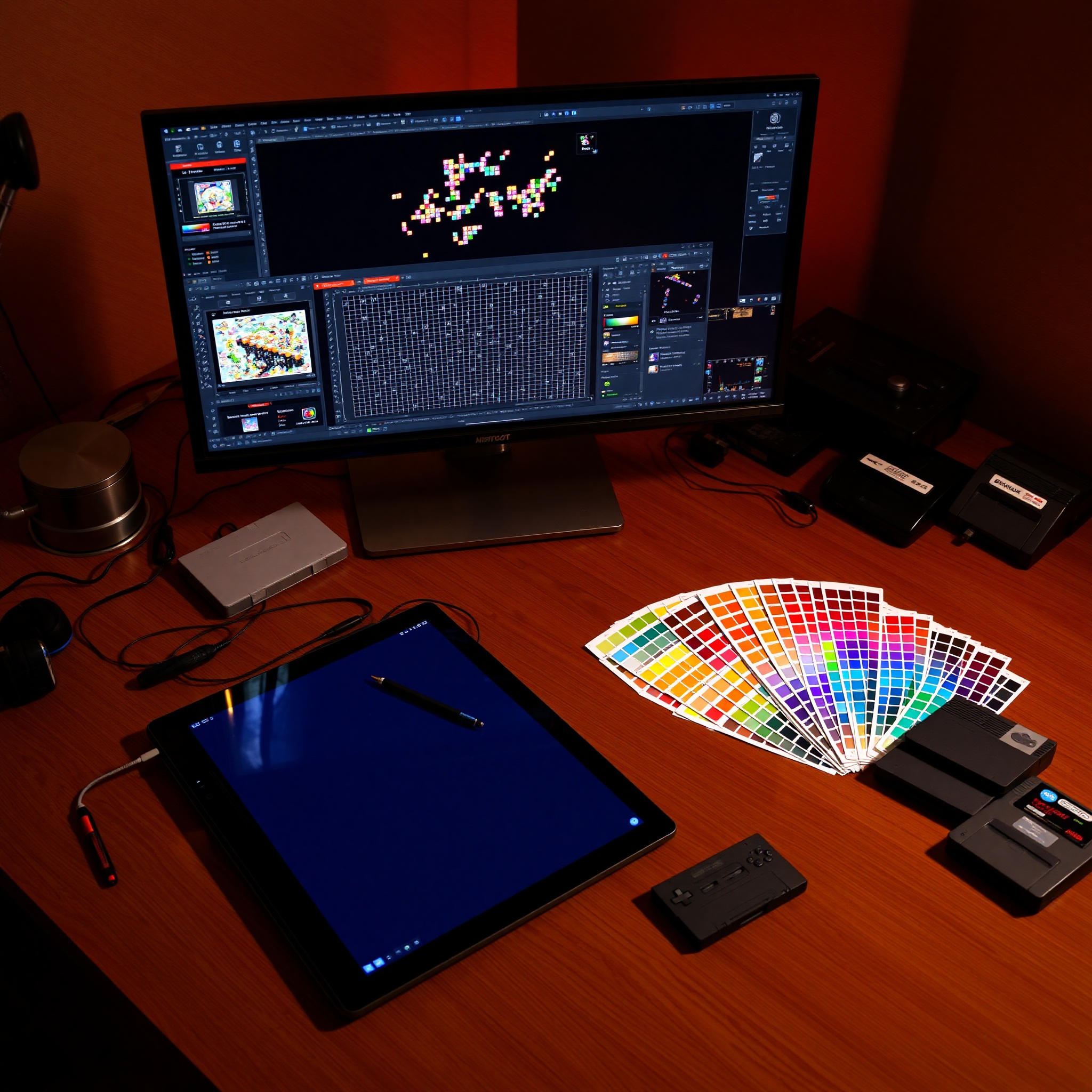 Pantalla de trabajo de pixel art con grid y paleta de colores retro