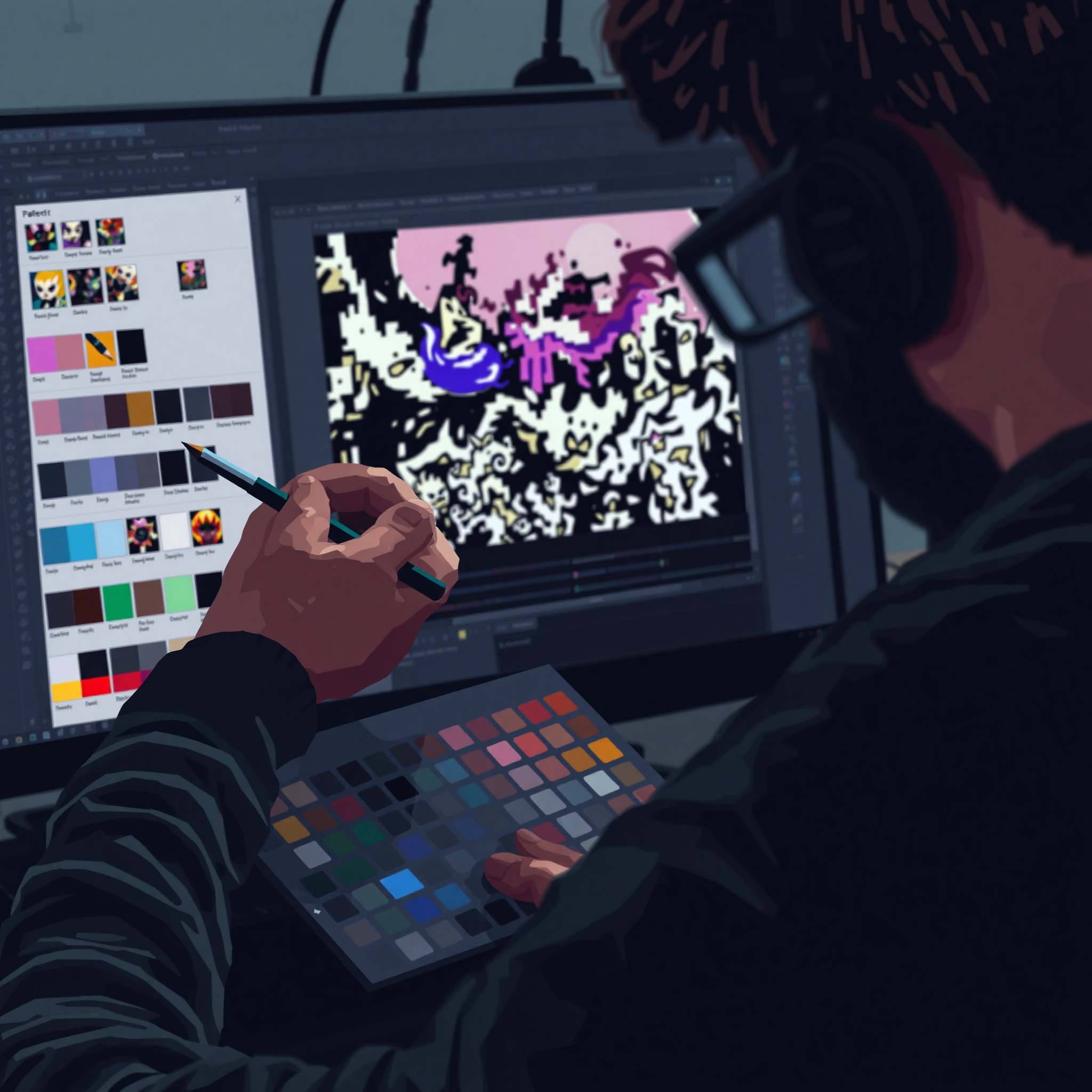 Artista de pixel art seleccionando colores de paleta en software con múltiples tonos armoniosos