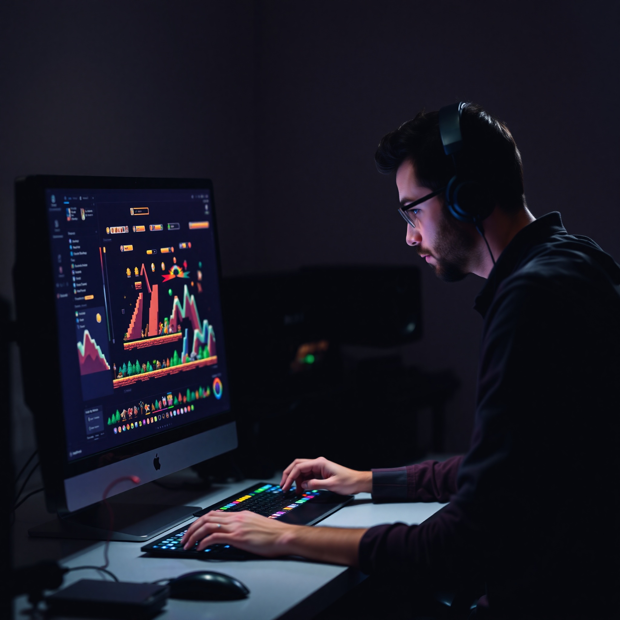 Artista digital creando animaciones de pixel art en pantalla con paleta de colores vibrantes